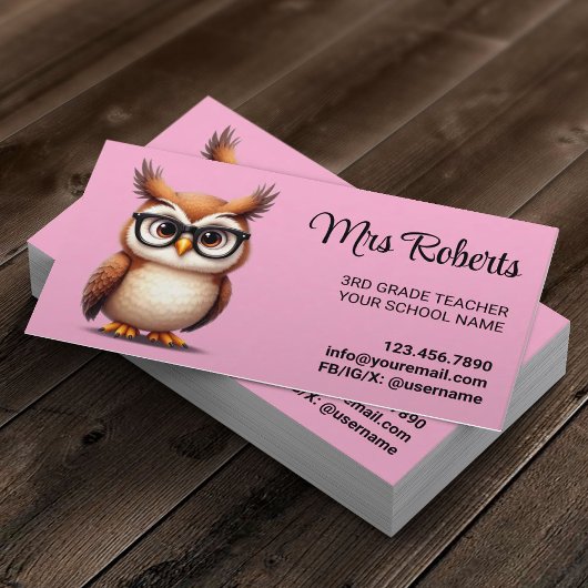 Carte De Visite Enseignant Cute Owl Pastel Pink