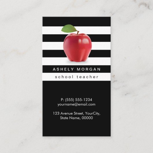 Carte De Visite Enseignant de l'école Pomme Élégant noir blanc ray (Devant)