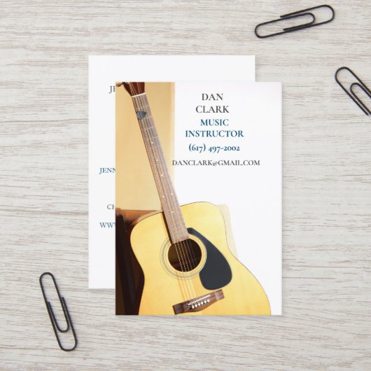 Carte De Visite Enseignant de musique blanche/Musicien/ Guitare ac (Devant/Arrière en situation)