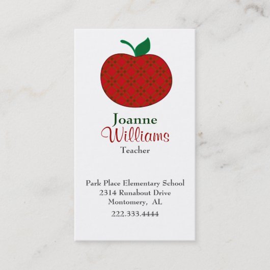 Carte de visite enseignant élégant à pomme rouge (Devant)