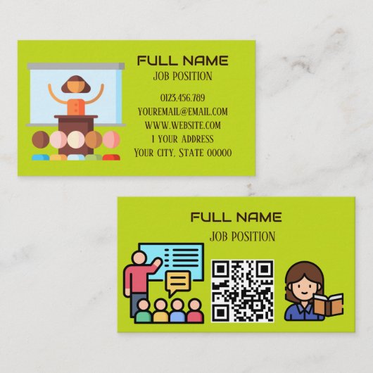 Carte De Visite Enseignant Moderne Code QR Vert Citron École (Devant / Derrière)