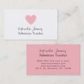 Carte De Visite Enseignant substitut au coeur rose minimal (Devant / Derrière)