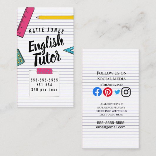 Carte De Visite Enseignement à domicile pour enfants anglais (Devant / Derrière)