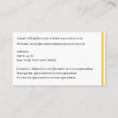 Carte De Visite Entraîneur blanc Bulldozer de construction jaune (Dos)