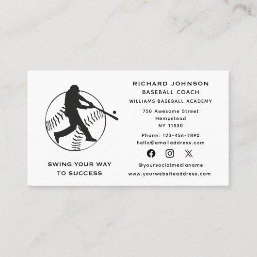 Carte De Visite Entraîneur de baseball Softball Instructeur médias (Devant)