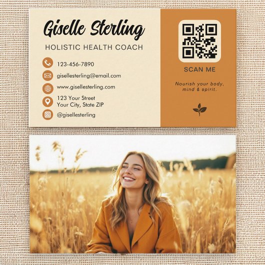 Carte De Visite Entraîneur de santé holistique Jaune Orange QR Cod