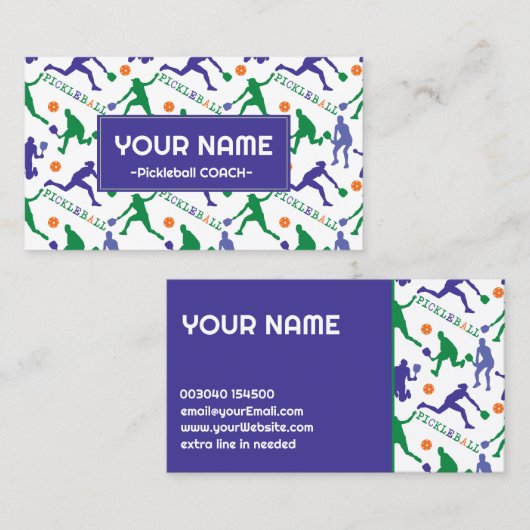 Carte De Visite Entraîneur silhouettes de Pickleball sur blanc (Devant / Derrière)