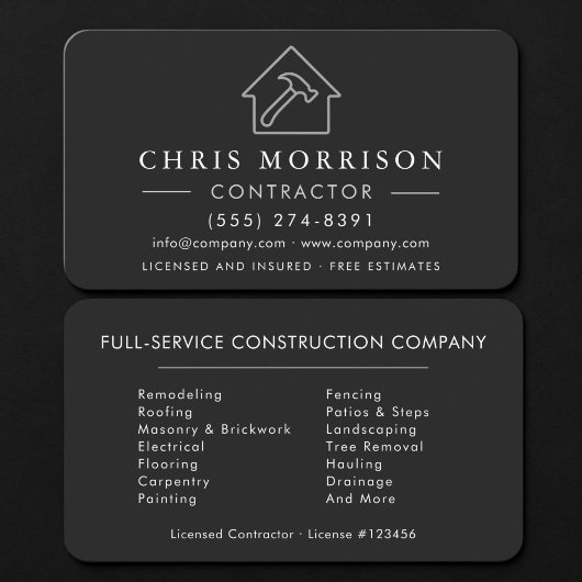 Carte De Visite Entrepreneur de construction Argent Noir