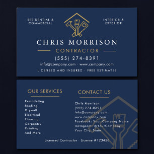 Carte De Visite Entrepreneur de construction Bleu marine Or