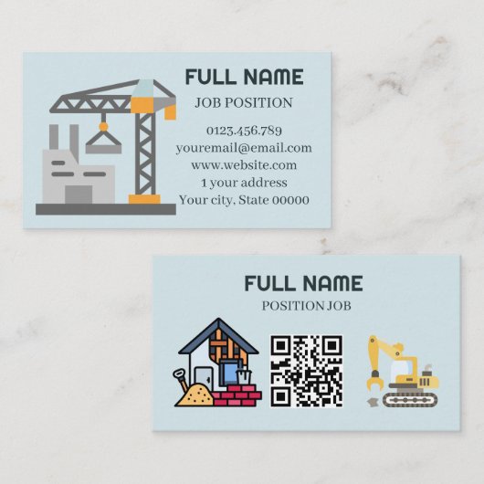Carte De Visite Entrepreneur de construction moderne Code QR bleu (Devant / Derrière)