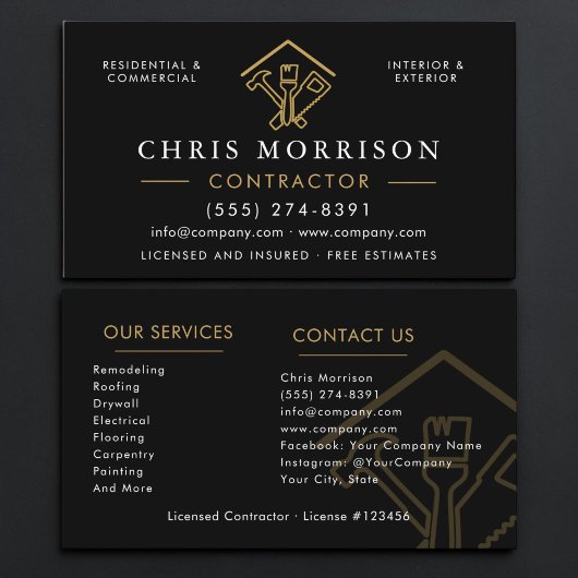 Carte De Visite Entrepreneur de construction Or Noir