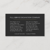 Carte De Visite Entrepreneur de construction Services d'excavation (Dos)