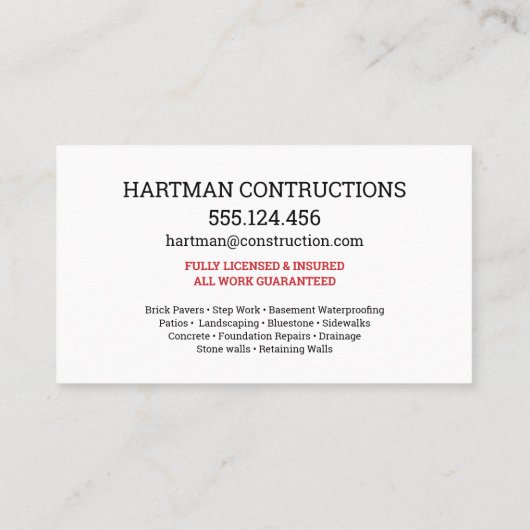 Carte De Visite Entrepreneur de menuisier de construction de MURS  (Dos)