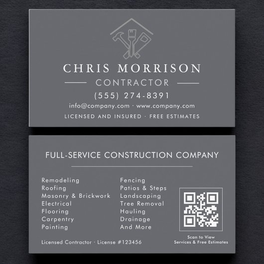 Carte De Visite Entrepreneur de Réparations à Domicile Code QR Gri