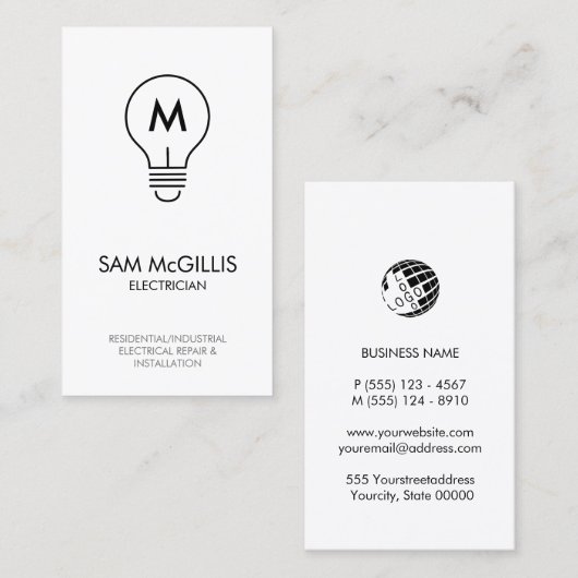 Carte De Visite Entrepreneur en électricité Monogramme (Devant / Derrière)