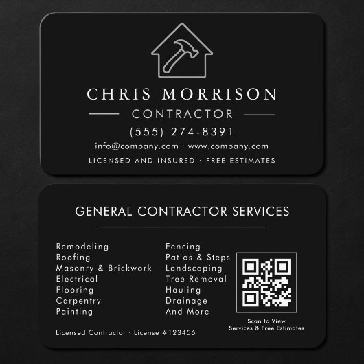 Carte De Visite Entrepreneur Général de Construction Code QR Noir