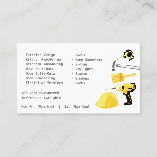 Carte De Visite Entrepreneur général HandyMan Faire tout Bus Modèl (Dos)