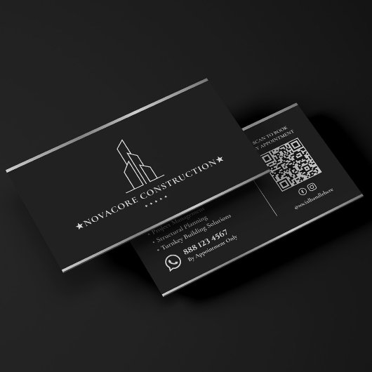 Carte De Visite Entrepreneur Minimal Construction Noir Argent