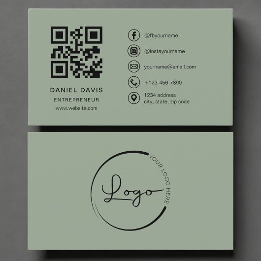 Carte De Visite Entrepreneur Sage Green Logo QR Code 