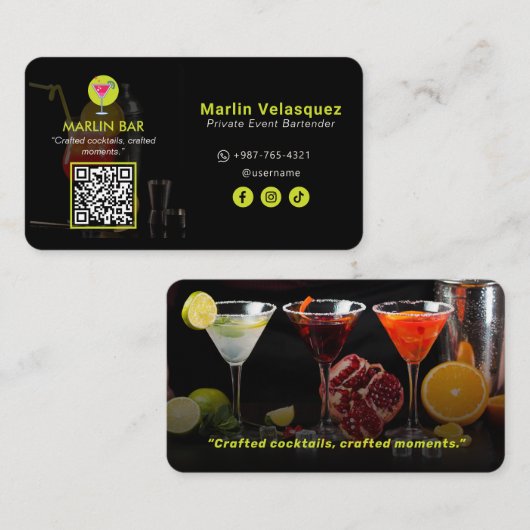 Carte De Visite Entreprise de barman moderne | Noir Décontracté (Devant / Derrière)