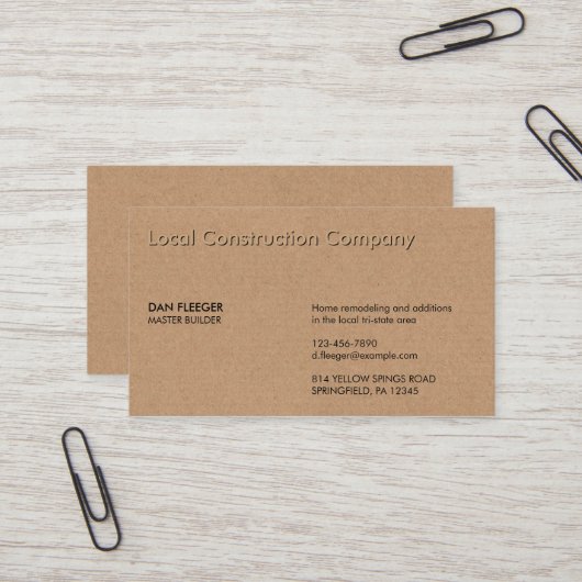 Carte De Visite Entreprise de construction intégrée Nom Faux Kraft (Devant/Arrière en situation)