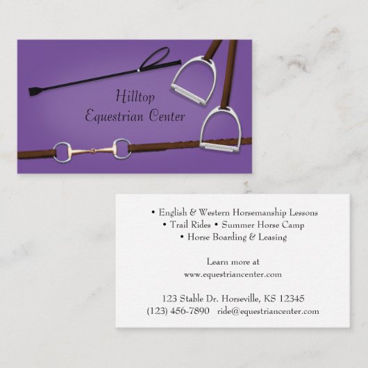 Carte De Visite équitation Crop & Horse Tack Purple Equestrio (Devant / Derrière)