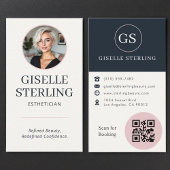 Carte De Visite Esthetician Blush Pink & Navy Blue Photo QR Code