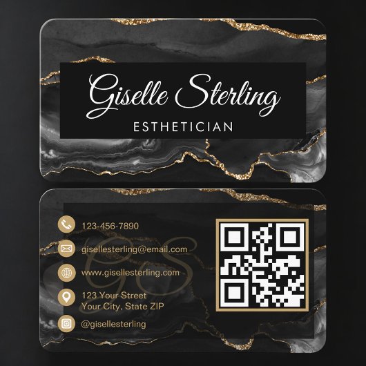 Carte De Visite Esthetician QR Code Black Gold Agate Luxury