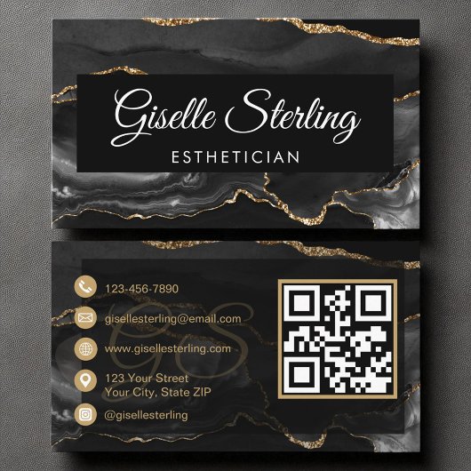 Carte De Visite Esthéticien QR Code Black Gold Agate Luxe