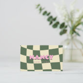 Carte De Visite Esthétique Rétro Damier Ondulé Rose Vert (Debout devant)