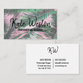 Carte De Visite Eté Palm Feuille Aquarelle rose brosse (Devant / Derrière)