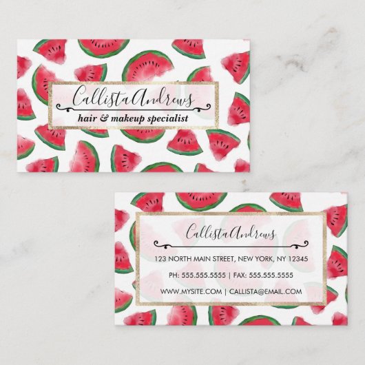 Carte De Visite Eté Rouge Vert pastèque Motif d'aquarelle (Devant / Derrière)