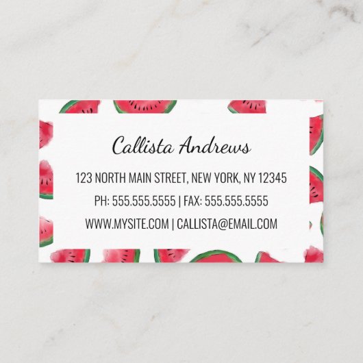 Carte De Visite Eté Rouge Vert pastèque Motif d'aquarelle (Dos)