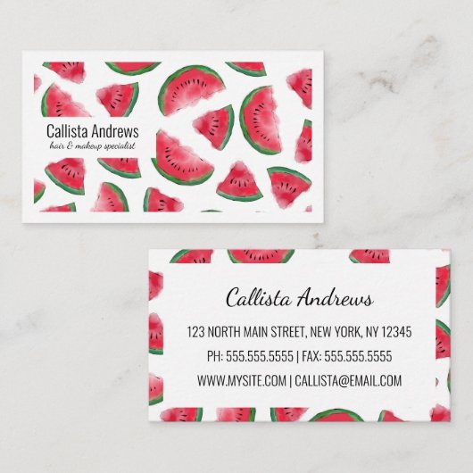 Carte De Visite Eté Rouge Vert pastèque Motif d'aquarelle (Devant / Derrière)