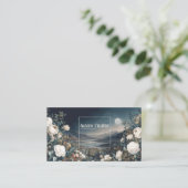 Carte De Visite Ethereal White Rose Floral and Full Moon Night  (Debout devant)