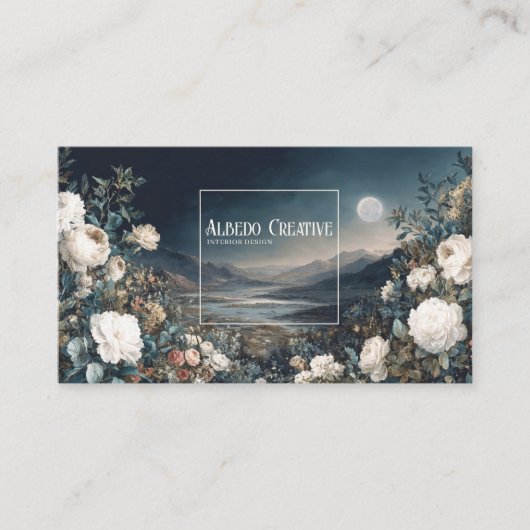 Carte De Visite Ethereal White Rose Floral and Full Moon Night  (Devant)