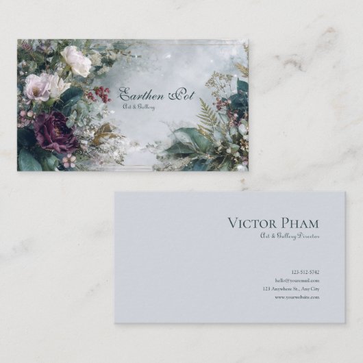 Carte De Visite Ethereal Winter Floral Burgundy Rose and Icy Gray (Devant / Derrière)