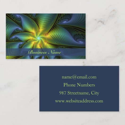 Carte De Visite Etoile Abstraite, Bleu brillant Vert Or Fractal Ar (Devant / Derrière)