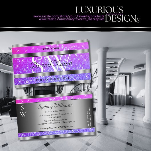 Carte De Visite Etoiles de Parties scintillant rose violet Monogra