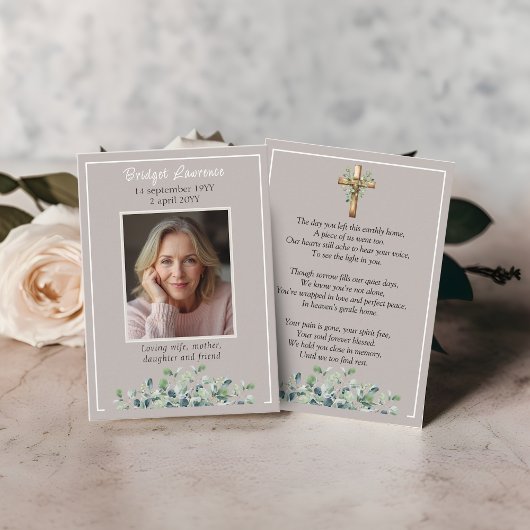 Carte De Visite Eucalyptus Leaves Memorial Photo Taupe Prayer Card