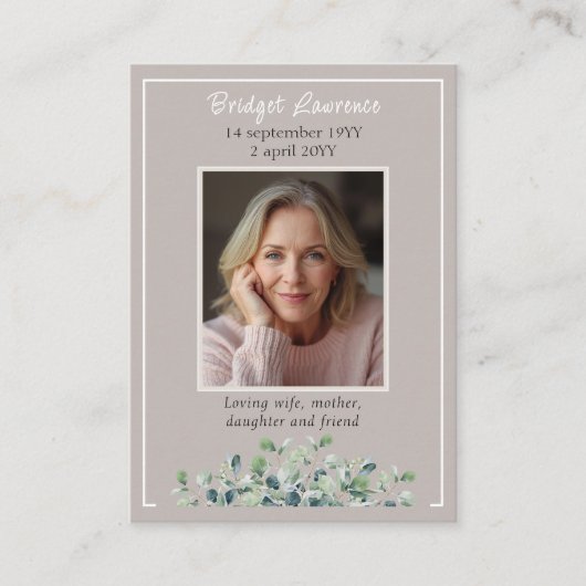 Carte De Visite Eucalyptus Leaves Memorial Photo Taupe Prayer Card (Devant)
