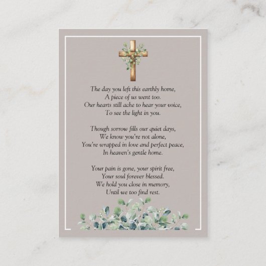 Carte De Visite Eucalyptus Leaves Memorial Photo Taupe Prayer Card (Dos)