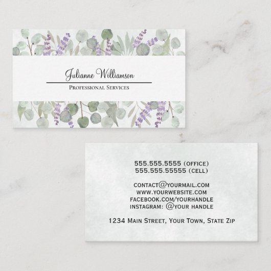 Carte De Visite Eucalyptus Rustique aquarelle et Lavande Plutôt (Devant / Derrière)