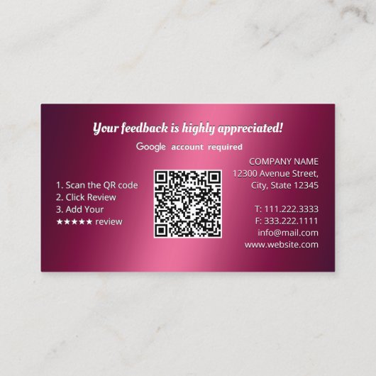 Carte De Visite Évaluations et évaluations Google (Dos)
