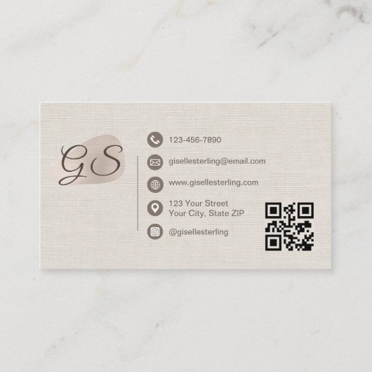 Carte De Visite Event Planner Beige Linen Modern Elegant QR Code (Dos)