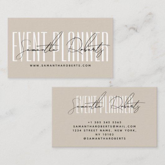 Carte De Visite Event planner modern typography script beige (Devant / Derrière)