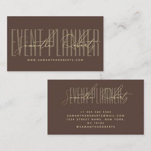 Carte De Visite Event planner modern typography script brown (Devant / Derrière)