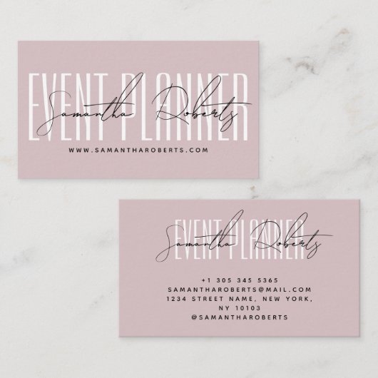 Carte De Visite Event planner modern typography script dusty pink (Devant / Derrière)