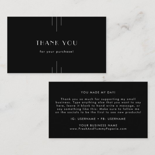 Carte De Visite EVERLY Modern Art Deco Black and White Thank You (Devant / Derrière)