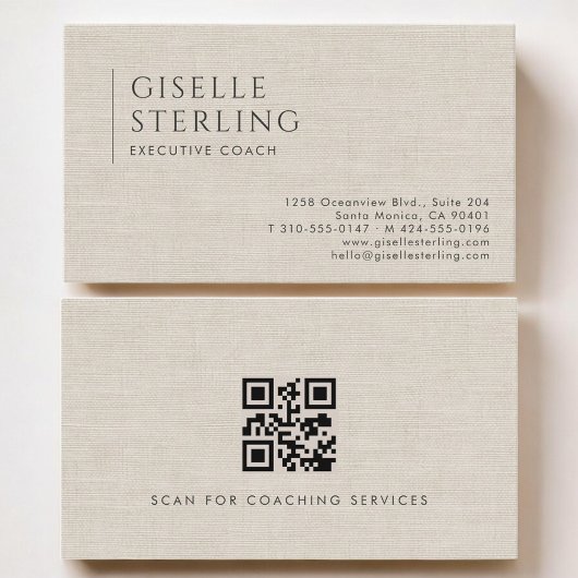 Carte De Visite Executive Coach Luxury Neutral Linen QR Code